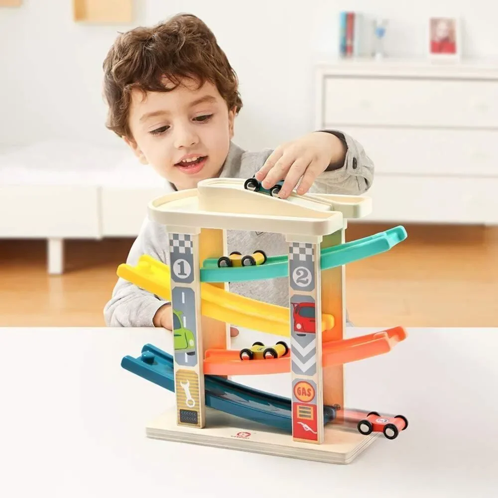 TOP Bright Toddler Wooden Race Track Car Ramp Toy with 4 Mini Cars and Garage